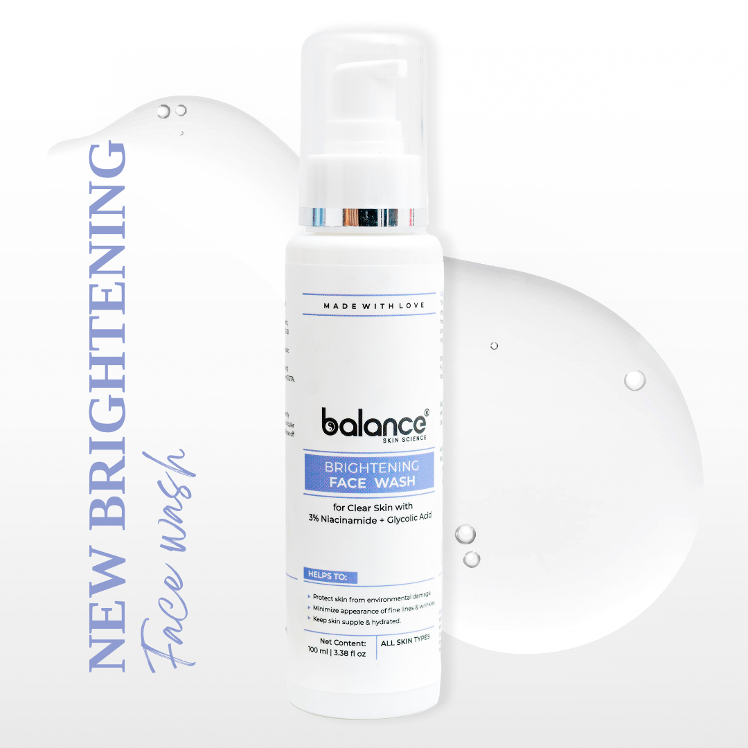 A white pump bottle of balance skin beauty Brightening Face Wash, set against a white background with decorative translucent water droplets and blue text overlays reading 'NEW BRIGHTENING Face wash'.