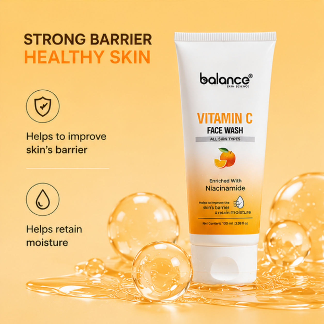 Balance Skin World Vitamin C Face Wash tube on a warm yellow-orange background with promotional text and decorative liquid droplets.