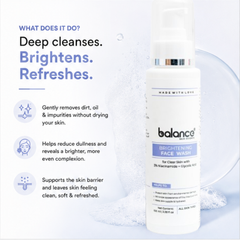 Balance Brightening Face Wash bottle on a light blue and white background with promotional text and icons about deep cleansing and skin refresh.