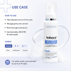 Balance Brightening Face Wash bottle shown on a light blue/white promotional graphic with usage instructions, icons, and a glass of clear liquid behind the bottle.
