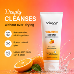 Balance Vitamin C Face Wash tube on a vibrant orange-to-pink gradient background with citrus fruits, water splash graphics, and marketing text about deep cleansing.